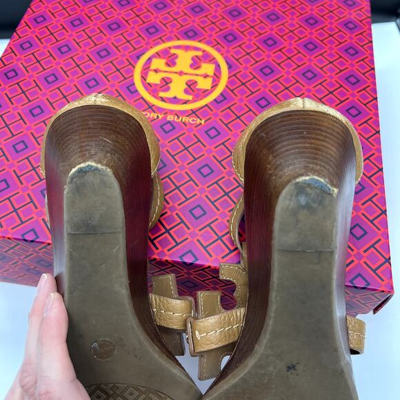 Tory Burch Logo Chandler Wedge Sandals Brown Tan Size 8 - Picture 4 of 9